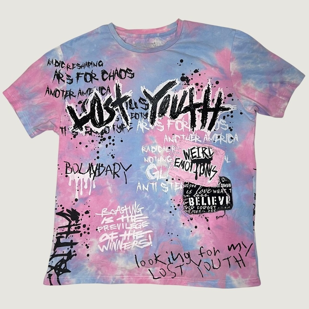 Smoke Rise Mens Lost Youth Tie Dye Graphic T-Shirt Pink Blue Graffiti Punk Med